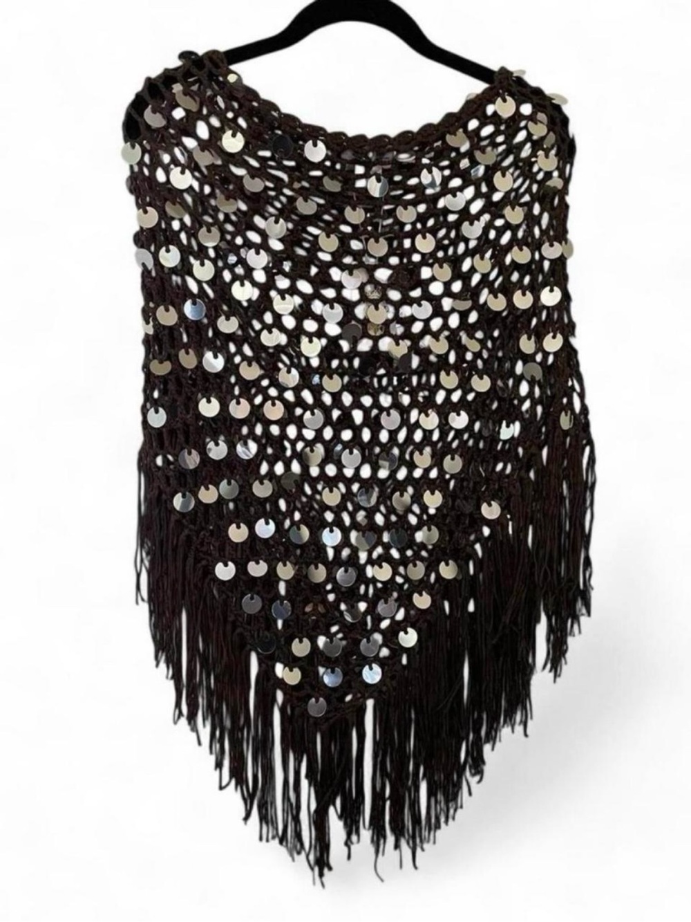 Chocolate Brown with silver sequin crochet knit poncho with fringe Medium. New
